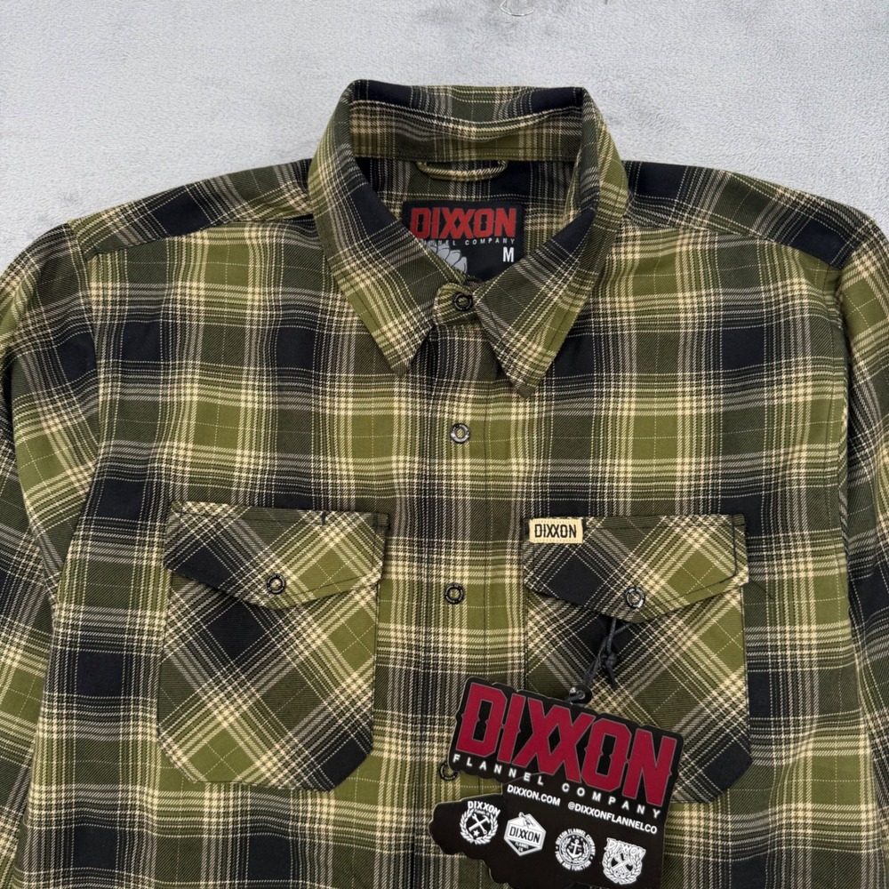 Dixxon Flannel Action Olive Green Black Plaid D-Tech Snap Button Shirt Mens M - Picture 3 of 16